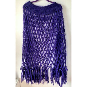 NWOT Vintage Italian Handmade Knitted Purple Mohair Poncho Fringe One Size